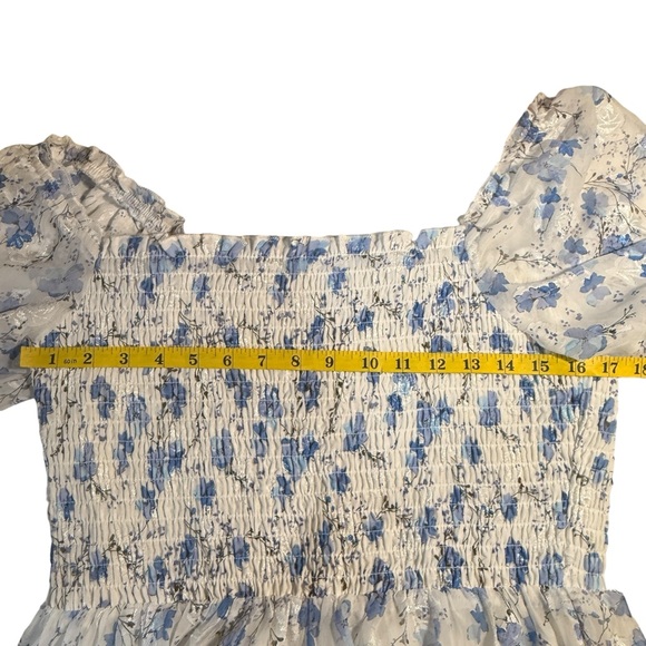 Baltic Born Fabian Jacquard Midi Dress XL White Blue Floral Sheer Sleeve Tiered - Picture 7 of 14